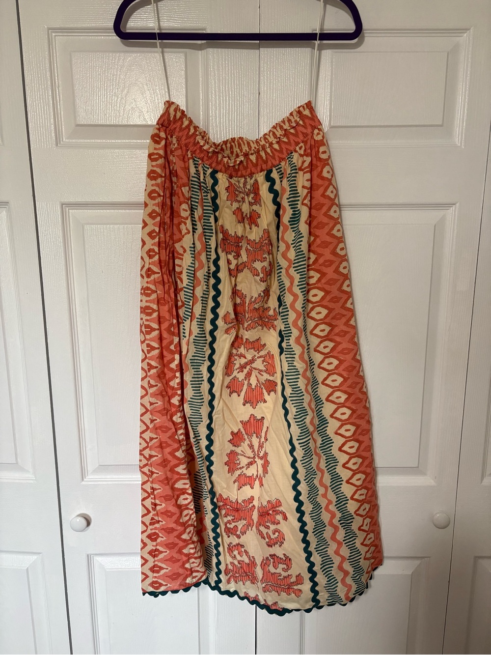 Sundance Orange and Cream Boho Midi Skirt with Teal Trim - Picture 2 of 3